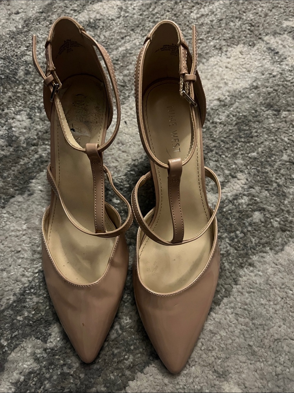 Nine West Nude Pink Patent Pointed T-Strap Heels